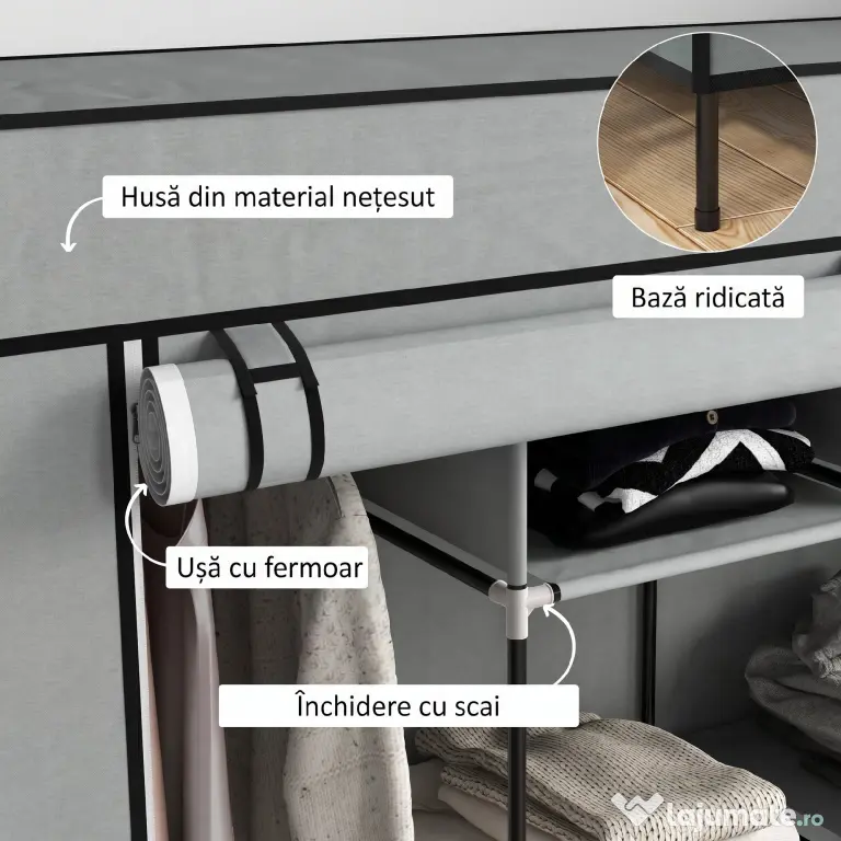 HOMCOM Dulap Portabil din Material Textil și Oțel, Garderobă cu 10 Rafturi, 4 Sertare și 2 Bare, 166x42,5x169,5 cm, Gri | Aosom Romania