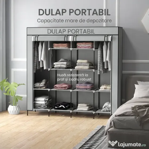 HOMCOM Dulap Portabil din Material Textil și Oțel, Garderobă cu 10 Rafturi, 4 Sertare și 2 Bare, 166x42,5x169,5 cm, Gri | Aosom Romania