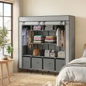 HOMCOM Dulap Portabil din Material Textil și Oțel, Garderobă cu 10 Rafturi, 4 Sertare și 2 Bare, 166x42,5x169,5 cm, Gri | Aosom Romania 