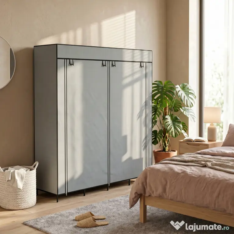 HOMCOM Dulap Portabil din Material Textil și Oțel, Garderobă cu 10 Rafturi, 4 Sertare și 2 Bare, 166x42,5x169,5 cm, Gri | Aosom Romania