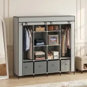 HOMCOM Dulap Portabil din Material Textil și Oțel, Garderobă cu 10 Rafturi, 4 Sertare și 2 Bare, 166x42,5x169,5 cm, Gri | Aosom Romania 