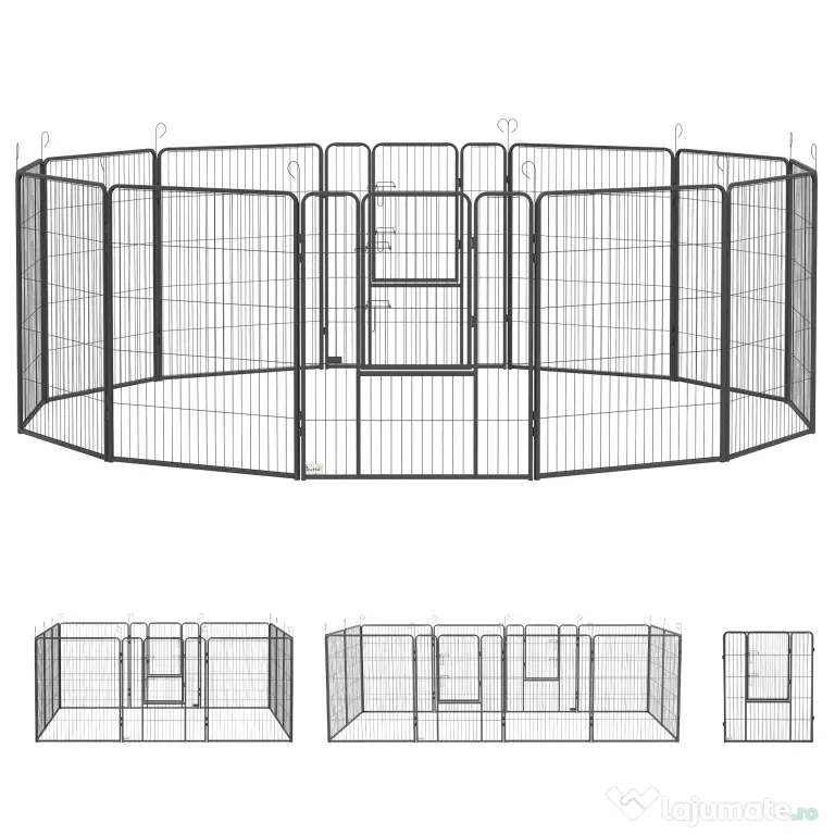 PawHut Gard pentru Câini, Incintă Modulară pentru Câini din 8 Secții pentru Interior și Exterior, 80x100 cm, Negru | Aosom Romania