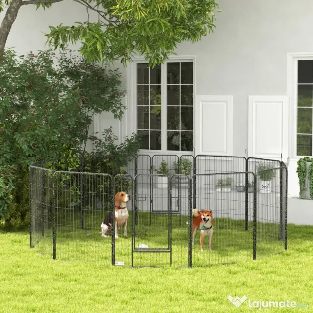 PawHut Gard pentru Câini, Incintă Modulară pentru Câini din 8 Secții pentru Interior și Exterior, 80x100 cm, Negru | Aosom Romania