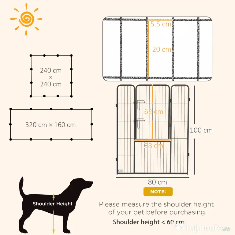 PawHut Gard pentru Câini, Incintă Modulară pentru Câini din 8 Secții pentru Interior și Exterior, 80x100 cm, Negru | Aosom Romania