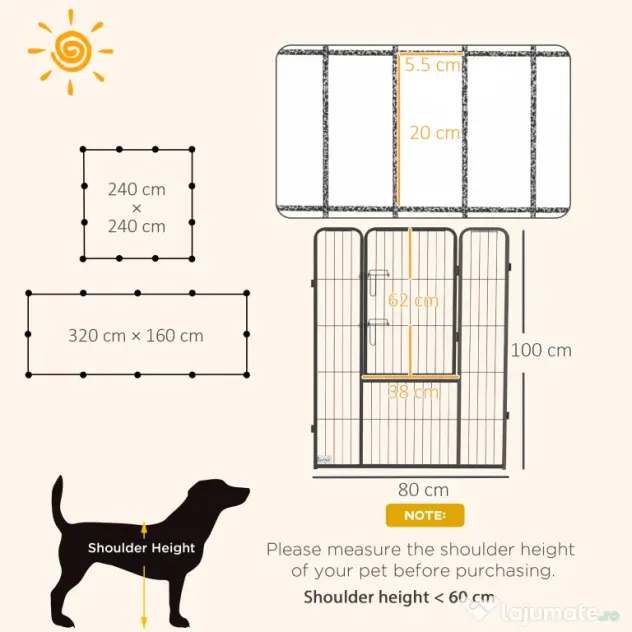 PawHut Gard pentru Câini, Incintă Modulară pentru Câini din 8 Secții pentru Interior și Exterior, 80x100 cm, Negru | Aosom Romania