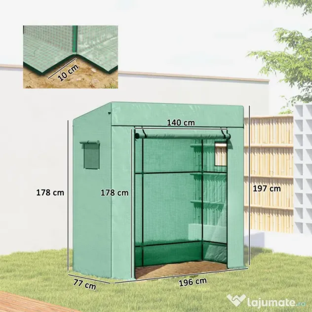 Outsunny Seră de Grădină cu Acoperiș Înclinat, 2 Ferestre și Ușă Rulabilă, Seră pentru Grădină cu Structură din Oțel, Acoperire din PE Anti-UV, pentru Grădină Legume Flori Plante, 196x77x197 cm, Verde | Aosom Romania