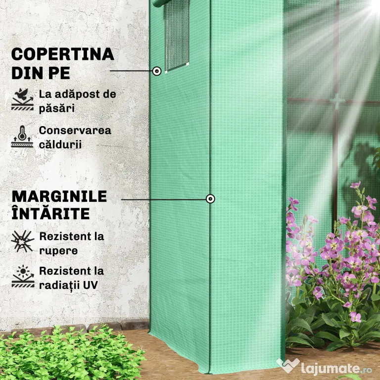 Outsunny Seră de Grădină cu Acoperiș Înclinat, 2 Ferestre și Ușă Rulabilă, Seră pentru Grădină cu Structură din Oțel, Acoperire din PE Anti-UV, pentru Grădină Legume Flori Plante, 196x77x197 cm, Verde | Aosom Romania