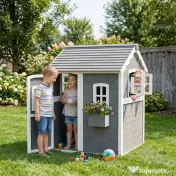 Outsunny Casă de joacă din lemn pentru copii, cu uși și ferestre | Aosom Romania 