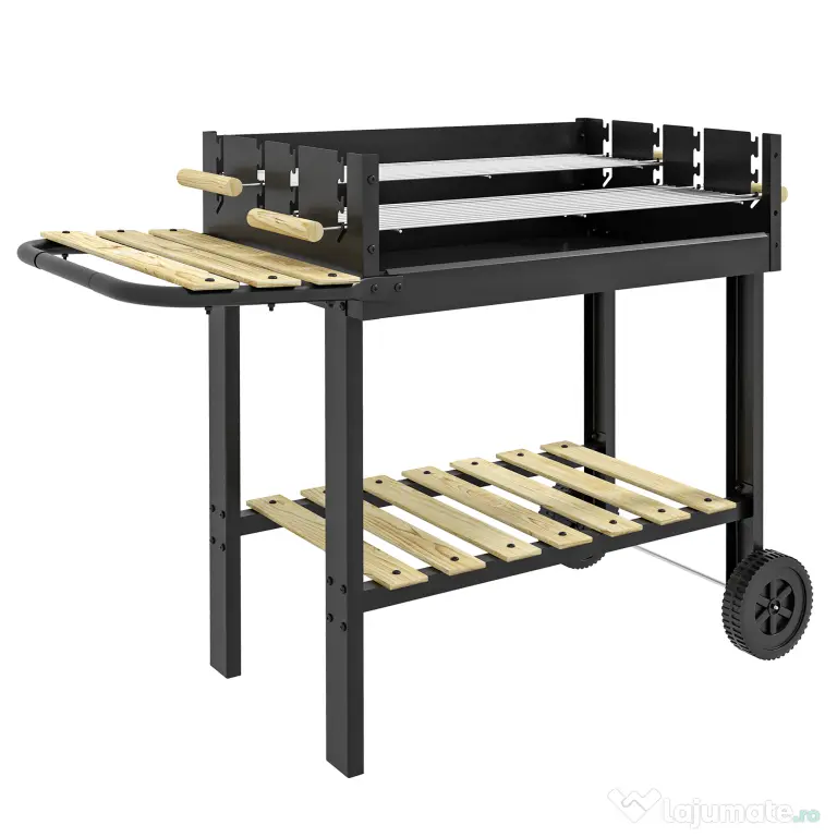 Outsunny Gratar Barbecue Carucior cu Carbune cu Grilaj Dublu Reglabil, Masa Laterala, Raft de Depozitare si Roti, pentru Gatit in Aer Liber