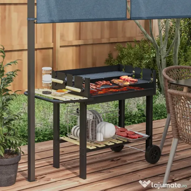 Outsunny Gratar Barbecue Carucior cu Carbune cu Grilaj Dublu Reglabil, Masa Laterala, Raft de Depozitare si Roti, pentru Gatit in Aer Liber