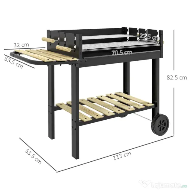Outsunny Gratar Barbecue Carucior cu Carbune cu Grilaj Dublu Reglabil, Masa Laterala, Raft de Depozitare si Roti, pentru Gatit in Aer Liber