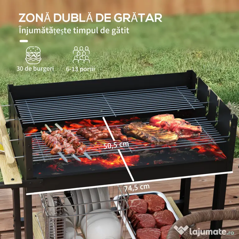 Outsunny Gratar Barbecue Carucior cu Carbune cu Grilaj Dublu Reglabil, Masa Laterala, Raft de Depozitare si Roti, pentru Gatit in Aer Liber