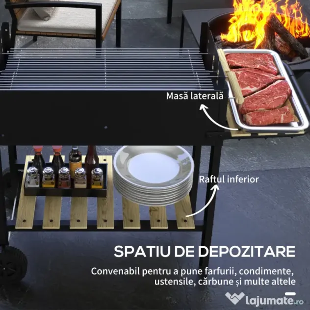 Outsunny Gratar Barbecue Carucior cu Carbune cu Grilaj Dublu Reglabil, Masa Laterala, Raft de Depozitare si Roti, pentru Gatit in Aer Liber