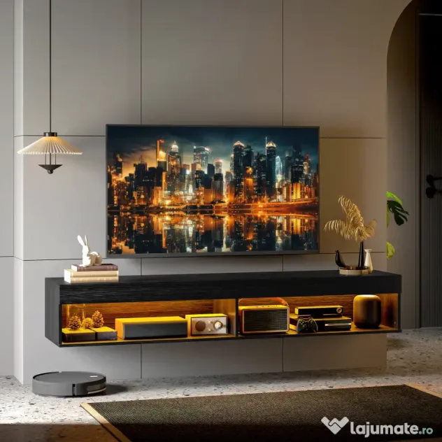 HOMCOM Suport TV Plutitor cu Lumini LED pentru Televizoare de Până la 190 cm, Consolă Media cu Raft de Depozitare, 180x40x30 cm, Negru | Aosom Romania