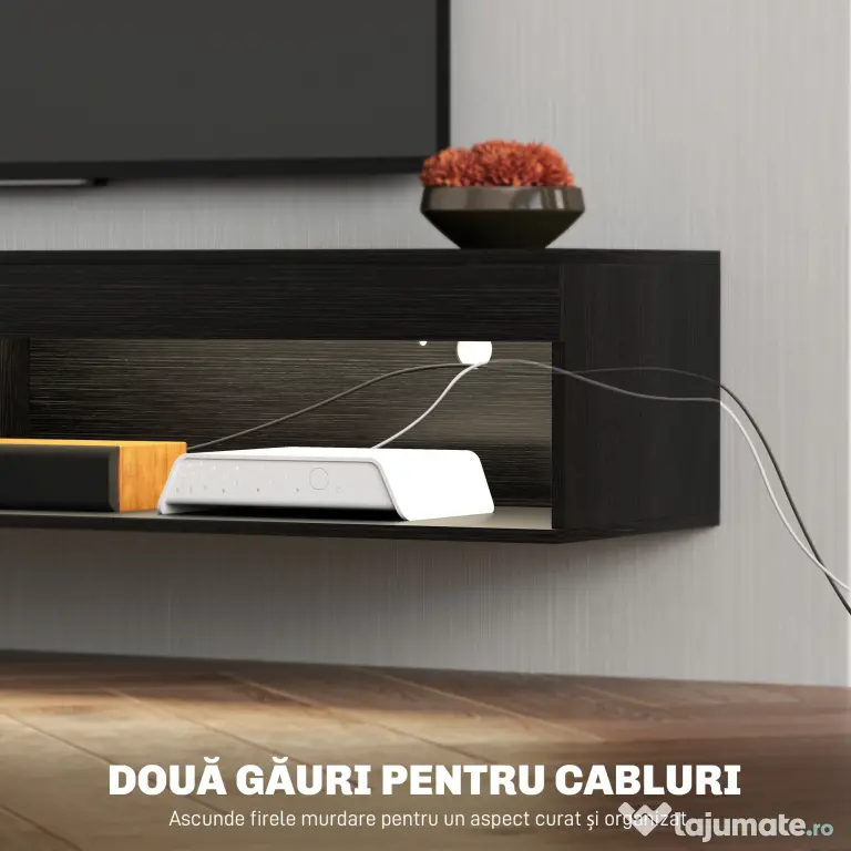 HOMCOM Suport TV Plutitor cu Lumini LED pentru Televizoare de Până la 190 cm, Consolă Media cu Raft de Depozitare, 180x40x30 cm, Negru | Aosom Romania