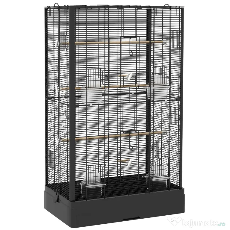 PawHut Cușcă pentru Păsări cu Tavă Detașabilă și Jucării, Volieră pentru Papagali, 61x36.5x98cm, Negru | Aosom Romania