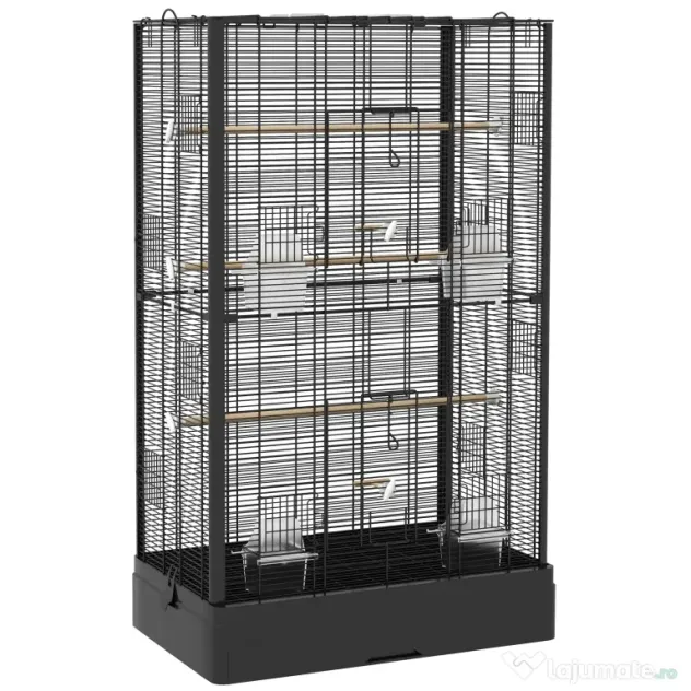 PawHut Cușcă pentru Păsări cu Tavă Detașabilă și Jucării, Volieră pentru Papagali, 61x36.5x98cm, Negru | Aosom Romania