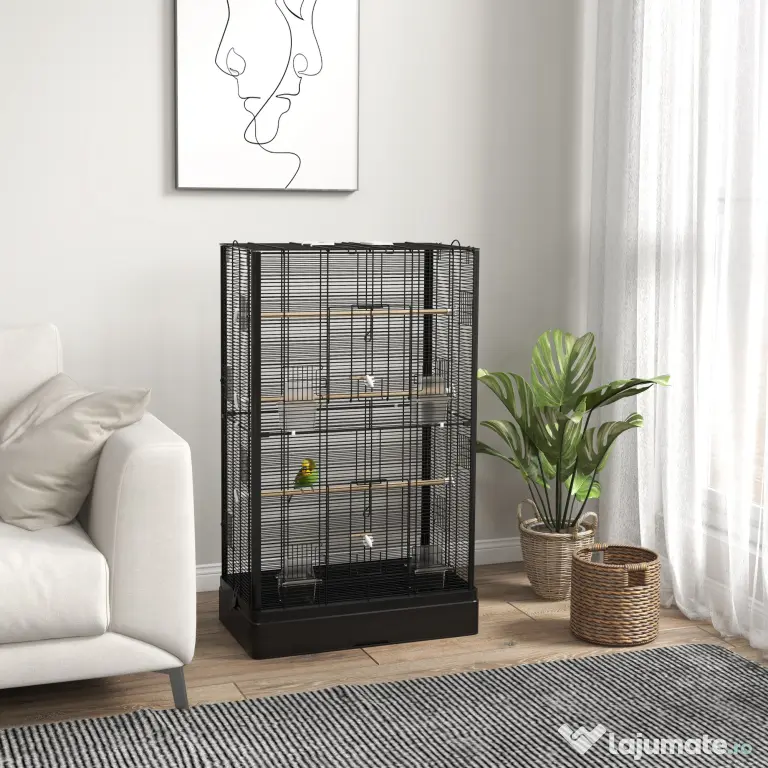 PawHut Cușcă pentru Păsări cu Tavă Detașabilă și Jucării, Volieră pentru Papagali, 61x36.5x98cm, Negru | Aosom Romania
