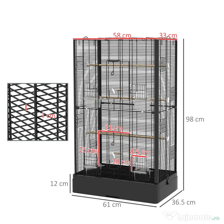 PawHut Cușcă pentru Păsări cu Tavă Detașabilă și Jucării, Volieră pentru Papagali, 61x36.5x98cm, Negru | Aosom Romania