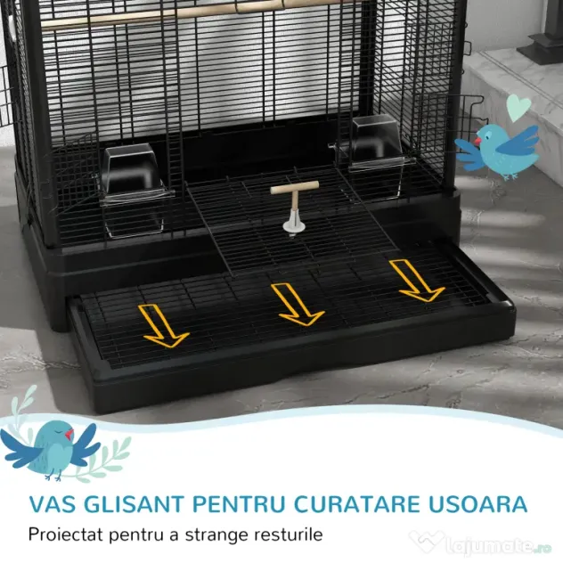 PawHut Cușcă pentru Păsări cu Tavă Detașabilă și Jucării, Volieră pentru Papagali, 61x36.5x98cm, Negru | Aosom Romania