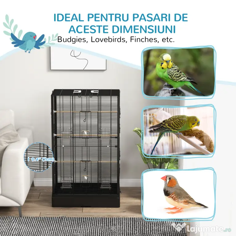 PawHut Cușcă pentru Păsări cu Tavă Detașabilă și Jucării, Volieră pentru Papagali, 61x36.5x98cm, Negru | Aosom Romania