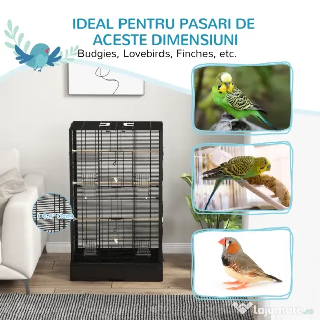 PawHut Cușcă pentru Păsări cu Tavă Detașabilă și Jucării, Volieră pentru Papagali, 61x36.5x98cm, Negru | Aosom Romania
