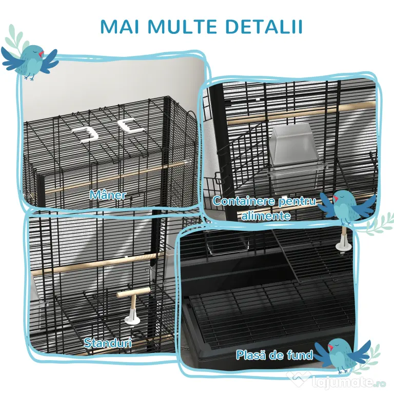 PawHut Cușcă pentru Păsări cu Tavă Detașabilă și Jucării, Volieră pentru Papagali, 61x36.5x98cm, Negru | Aosom Romania