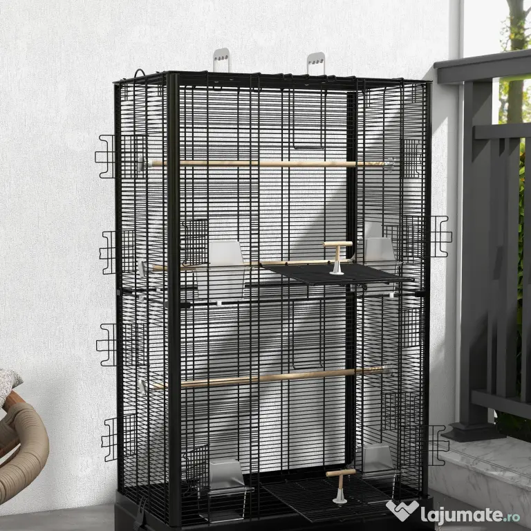 PawHut Cușcă pentru Păsări cu Tavă Detașabilă și Jucării, Volieră pentru Papagali, 61x36.5x98cm, Negru | Aosom Romania
