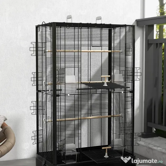 PawHut Cușcă pentru Păsări cu Tavă Detașabilă și Jucării, Volieră pentru Papagali, 61x36.5x98cm, Negru | Aosom Romania