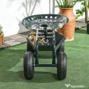 Outsunny Cărucior de grădină cu scaun reglabil și tavă inferioară, din oțel și PP, 83x36.5x45-60 cm, verde închis 