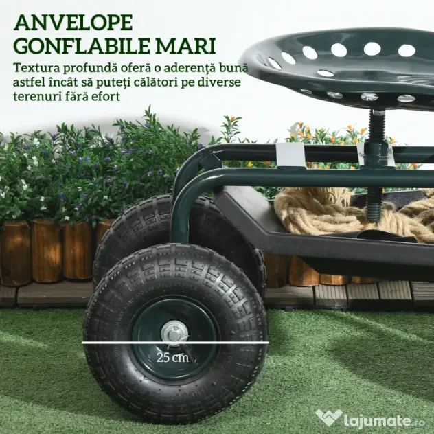 Outsunny Cărucior de Grădină cu Șezut Rotativ, Tavă pentru Unelte și Înălțime Reglabilă, pentru Terasă și Curte | Aosom Romania