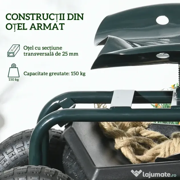 Outsunny Cărucior de Grădină cu Șezut Rotativ, Tavă pentru Unelte și Înălțime Reglabilă, pentru Terasă și Curte | Aosom Romania