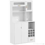 HOMCOM Dulap de Bucătărie cu Depozit de Vinuri, Bufet cu Cabină, Blat cu Microunde, Sertar, Poliță, Uși din Sticlă, 100x38x172 cm, Alb | Aosom Romania 
