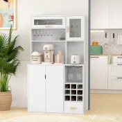 HOMCOM Dulap de Bucătărie cu Depozit de Vinuri, Bufet cu Cabină, Blat cu Microunde, Sertar, Poliță, Uși din Sticlă, 100x38x172 cm, Alb | Aosom Romania 