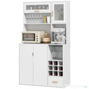 HOMCOM Dulap de Bucătărie cu Depozit de Vinuri, Bufet cu Cabină, Blat cu Microunde, Sertar, Poliță, Uși din Sticlă, 100x38x172 cm, Alb | Aosom Romania 