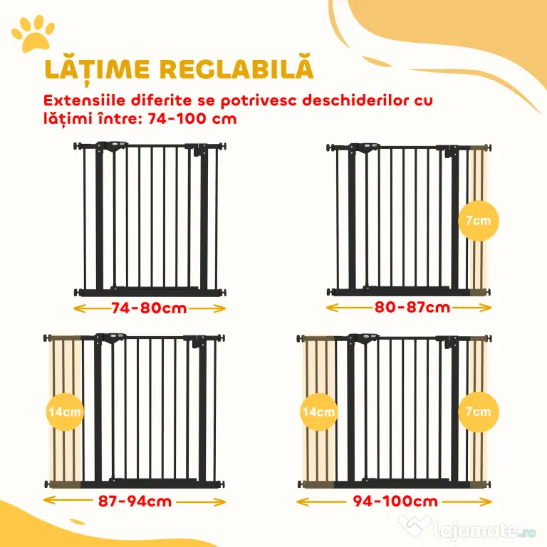 PawHut Poartă Extensibilă pentru Câini fără Șuruburi, Poartă de Siguranță Reglabilă cu 2 Extensii, 68x72 cm, Negru | Aosom Romania