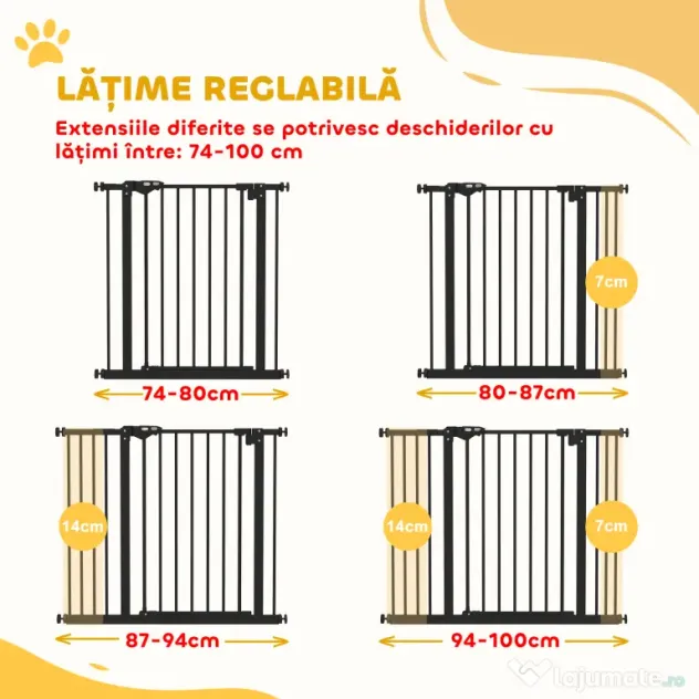 PawHut Poartă Extensibilă pentru Câini fără Șuruburi, Poartă de Siguranță Reglabilă cu 2 Extensii, 68x72 cm, Negru | Aosom Romania