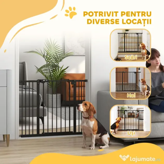 PawHut Poartă Extensibilă pentru Câini fără Șuruburi, Poartă de Siguranță Reglabilă cu 2 Extensii, 68x72 cm, Negru | Aosom Romania
