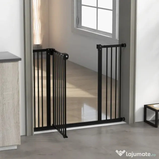 PawHut Poartă Extensibilă pentru Câini fără Șuruburi, Poartă de Siguranță Reglabilă cu 2 Extensii, 68x72 cm, Negru | Aosom Romania