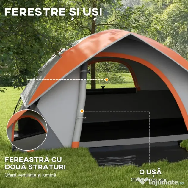 Outsunny Cort pentru 2 Persoane cu Fereastră și Geantă de Transport, 210x150x110 cm, Gri și Portocaliu | Aosom Romania