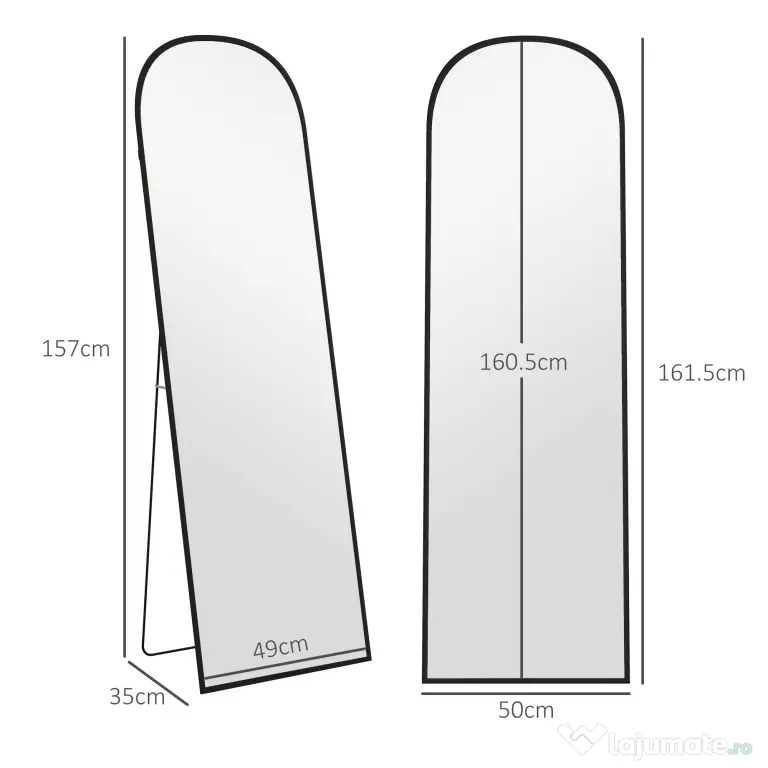 HOMCOM Oglindă de podea și perete modernă din aliaj de aluminiu cu suport pliabil, 50x161,5cm, negru