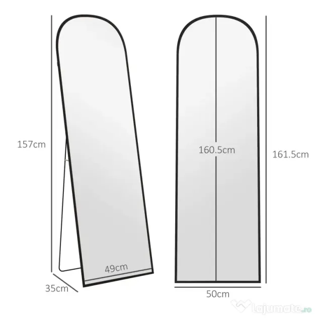 HOMCOM Oglindă de podea și perete modernă din aliaj de aluminiu cu suport pliabil, 50x161,5cm, negru