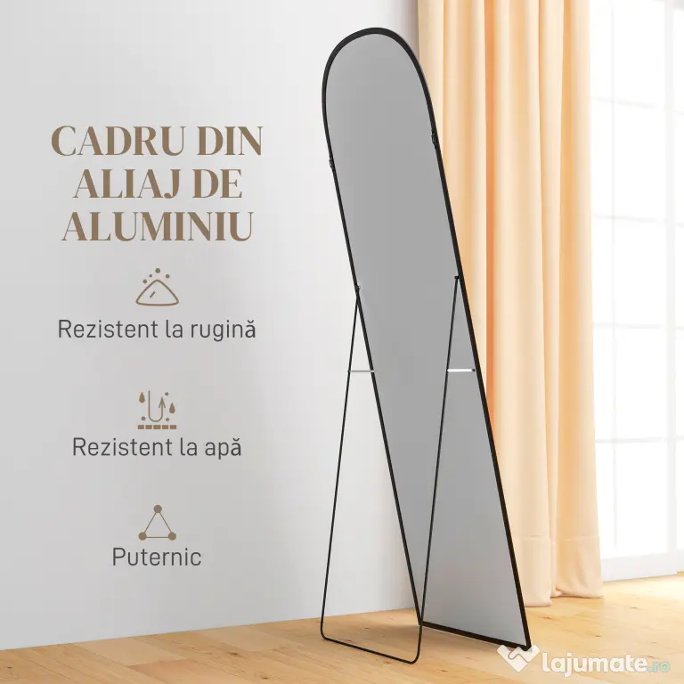 HOMCOM Oglindă de podea și perete modernă din aliaj de aluminiu cu suport pliabil, 50x161,5cm, negru