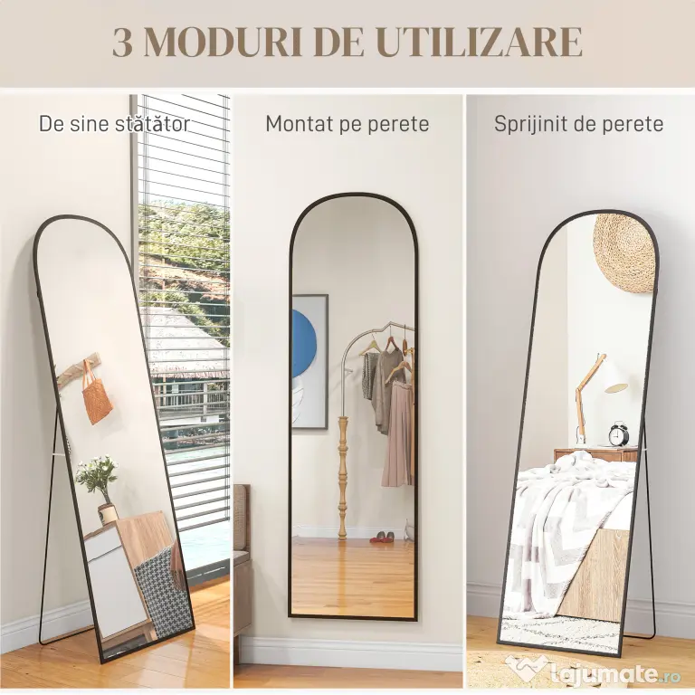 HOMCOM Oglindă de podea și perete modernă din aliaj de aluminiu cu suport pliabil, 50x161,5cm, negru