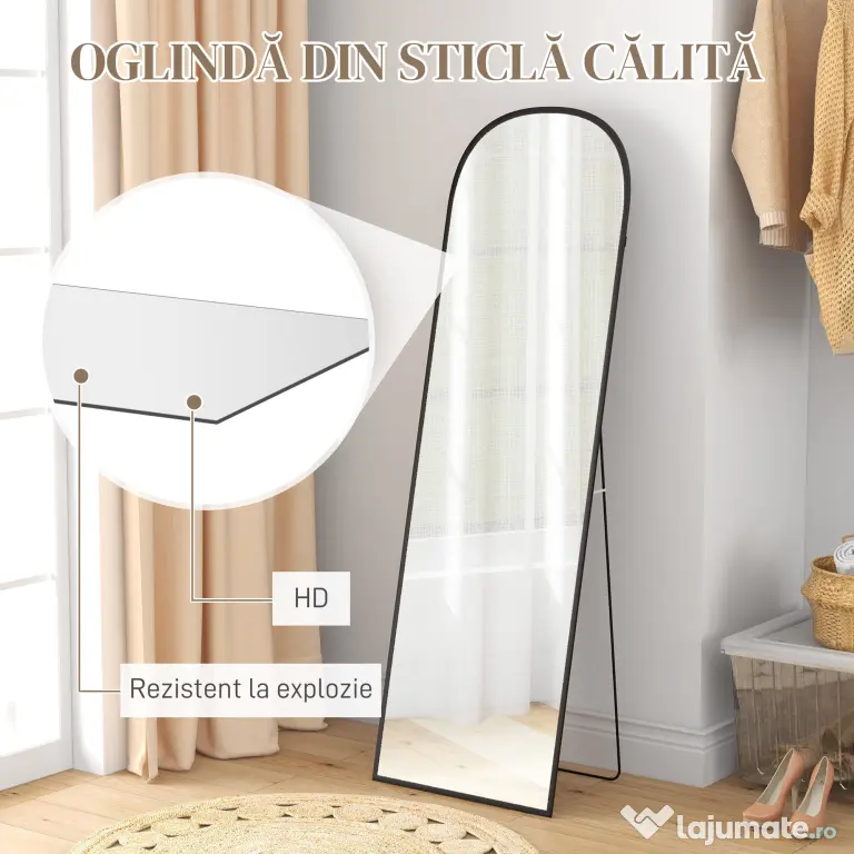 HOMCOM Oglindă de podea și perete modernă din aliaj de aluminiu cu suport pliabil, 50x161,5cm, negru