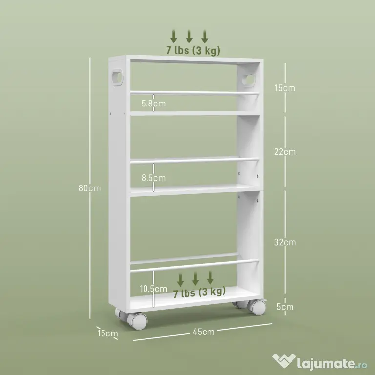 HOMCOM Cărucior de Bucătărie cu 3 Nivele, Bare Laterale, 4 Roți și 2 Frâne, 45x15x80 cm, Alb | Aosom Romania