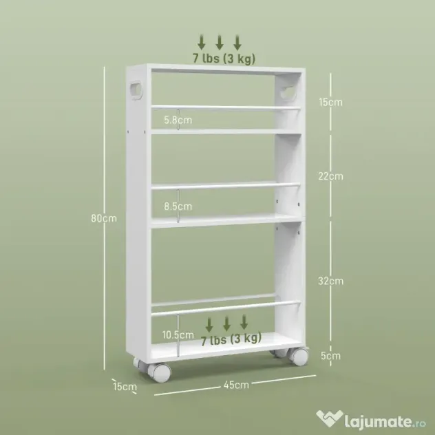 HOMCOM Cărucior de Bucătărie cu 3 Nivele, Bare Laterale, 4 Roți și 2 Frâne, 45x15x80 cm, Alb | Aosom Romania