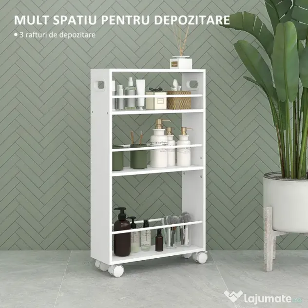 HOMCOM Cărucior de Bucătărie cu 3 Nivele, Bare Laterale, 4 Roți și 2 Frâne, 45x15x80 cm, Alb | Aosom Romania