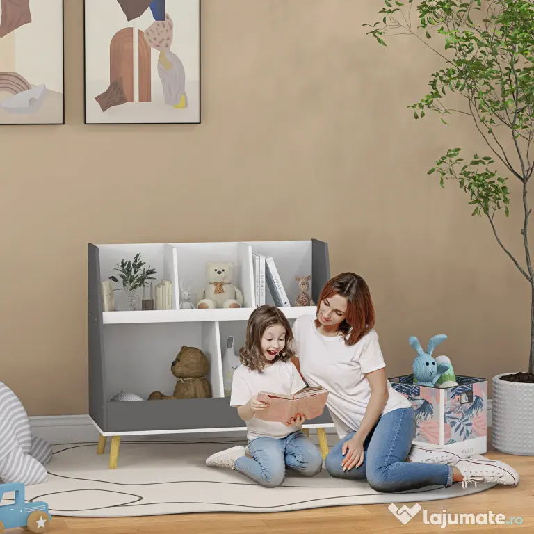 HOMCOM Raft de Depozitare pentru Jucării, Raft în 2 Niveluri pentru Jucării cu 5 Compartimente, 80x34x72.5 cm, Gri | Aosom Romania
