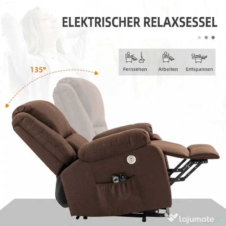 HOMCOM Scaun Electric Rabatabil cu 8 Puncte de Masaj și Suport pentru Picioare, Fotoliu Modern din Țesătură, 87x92x105 cm, Cafea | Aosom Romania